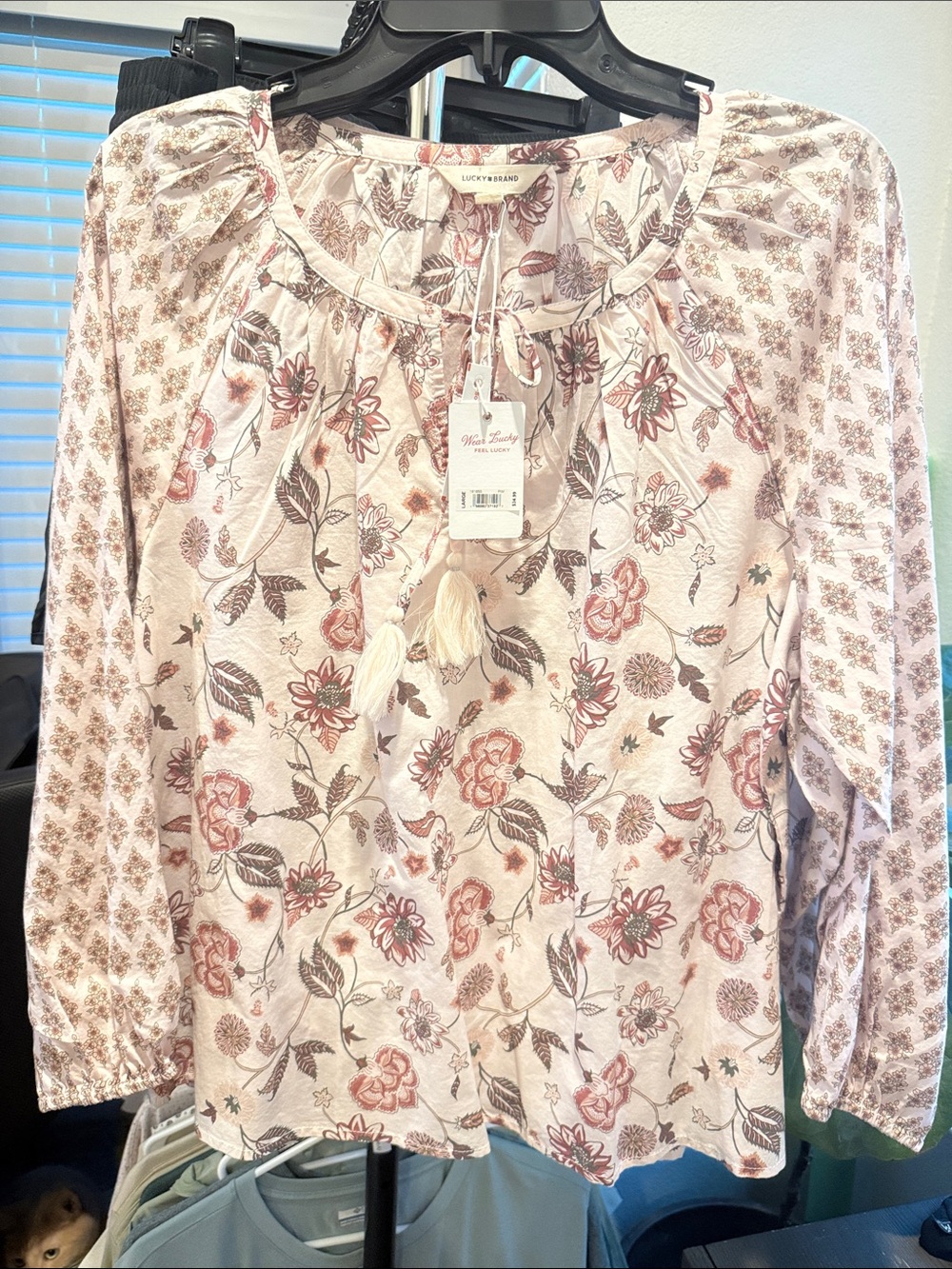 Lucky Brand Cream Floral Peasant Blouse with Tassel Tie